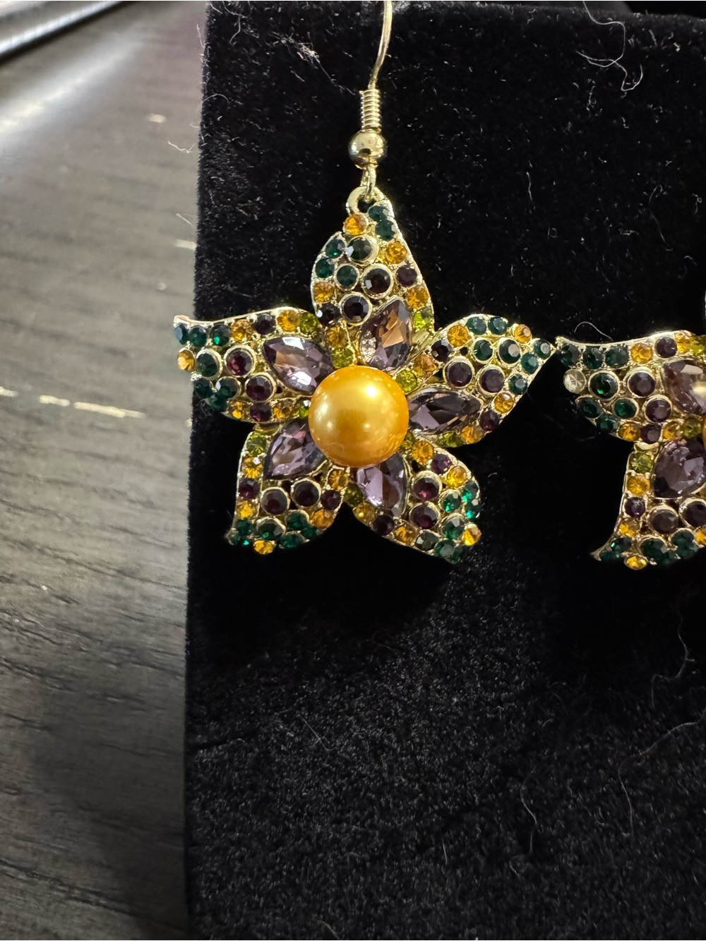 Gold Floral Drop Earrings with Purple and Green Accents - Picture 2 of 2